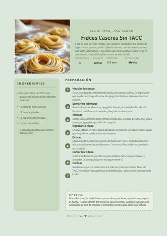 Página interior del recetario: Fideos Caseros Sin TACC, con ingredientes y preparación paso a paso