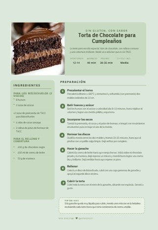 Página interior del recetario: Torta de Chocolate para Cumpleaños, con ingredientes y preparación paso a paso