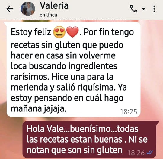 Captura de WhatsApp de Valeria A.: Por fin tengo recetas sin gluten que puedo hacer en casa sin volverme loca buscando ingredientes rarísimos. Hice una para la merienda y salió riquísima.
